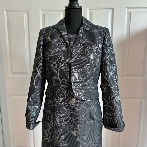 Nipon Boutique Black and Silver Floral Jacket and Cocktail Dress Set - Picture 2 of 9